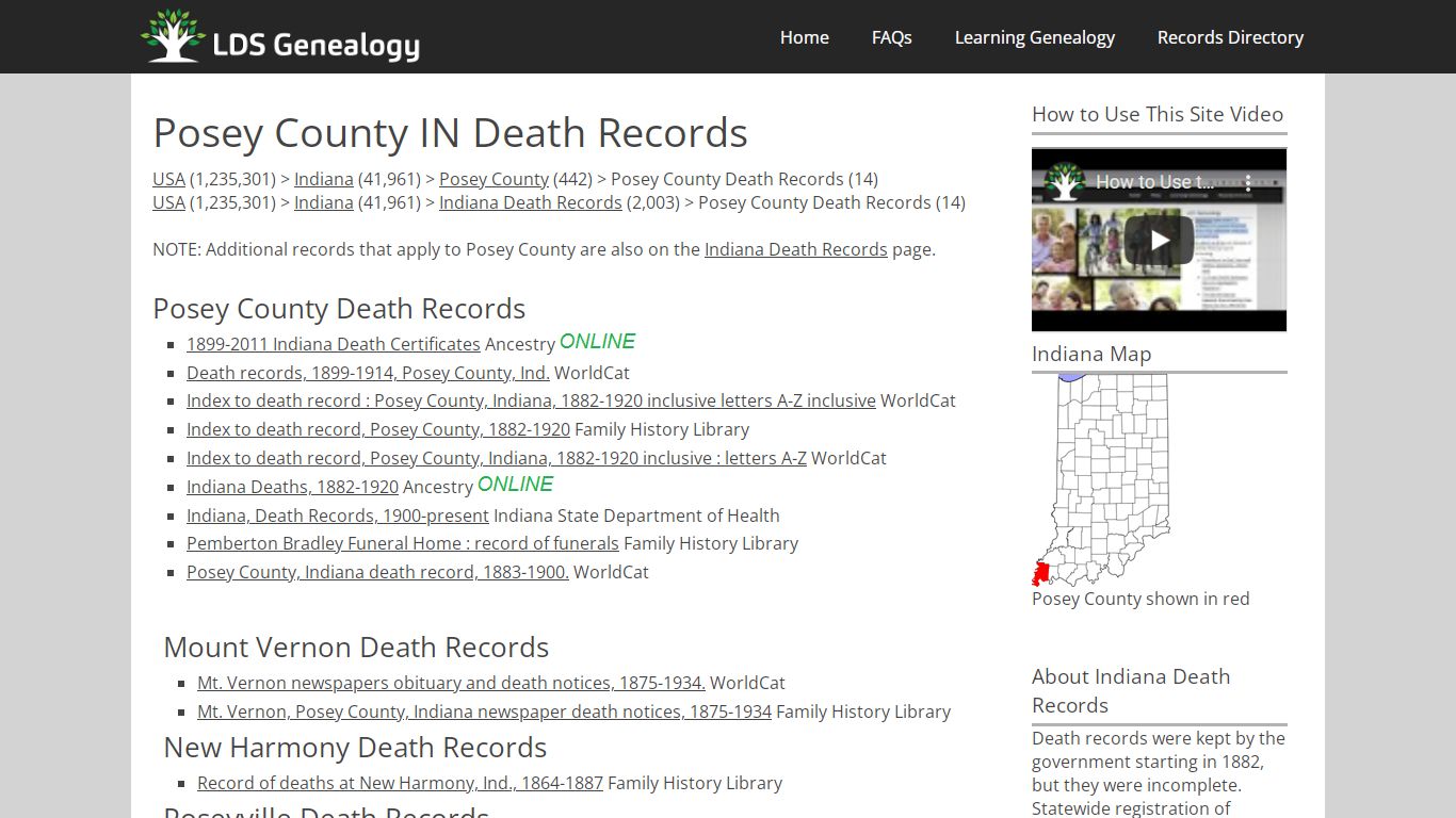 Posey County IN Death Records - LDS Genealogy